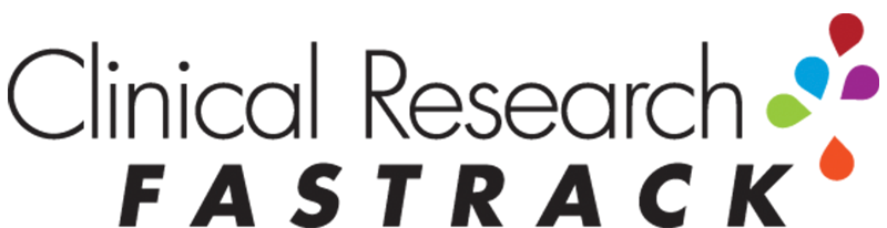 Clinical Research Fastrack Logo, black title text with rainbow colored droplets beside.